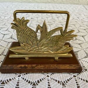 MCM Brass and Wood Vintage Pineapple Napkin or Letter Holder 6.5” x 3.8” x 4.25”